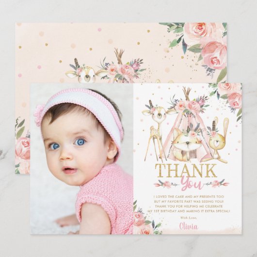 Cute Woodland Animals Boho Tribal Birthday Foto Bedankkaart (Voorkant / Achterkant)