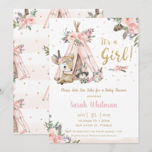 Cute Woodland Animals Boho Tribal Girl Baby shower Kaart (Voorkant / Achterkant)