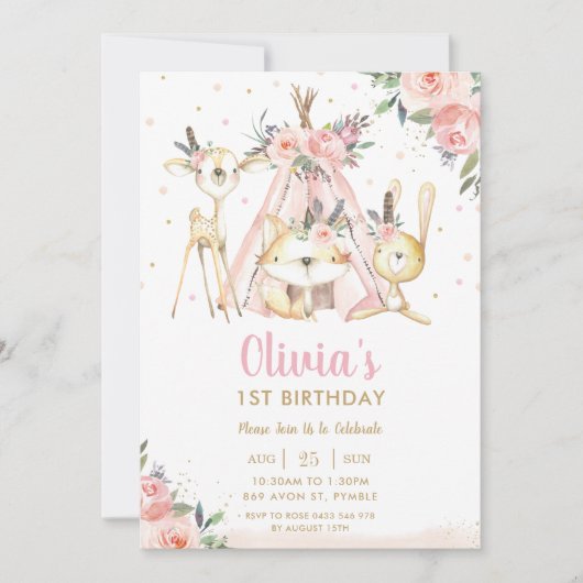 Cute Woodland Animals Boho Tribal Girl Birthday Kaart (Voorkant)