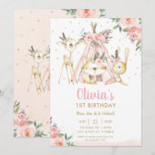 Cute Woodland Animals Boho Tribal Girl Birthday Kaart (Voorkant / Achterkant)