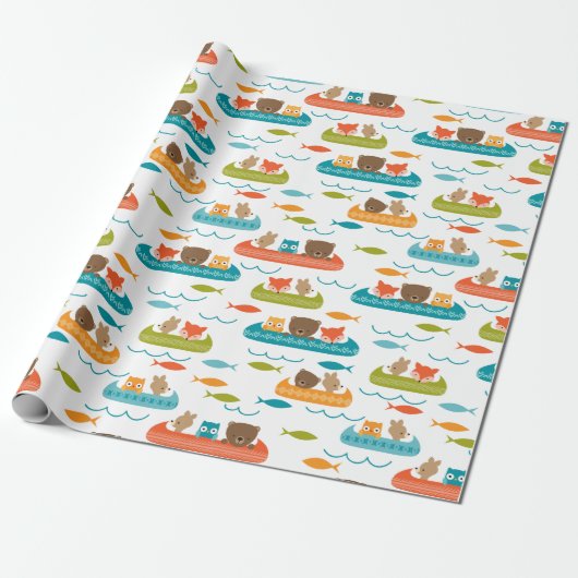 Cute Woodland Animals Canoe Pattern Cadeaupapier (Uitgerold)
