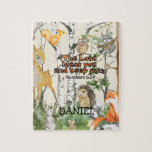 Cute Woodland Animals Christelijk Kind Gift Script Legpuzzel<br><div class="desc">naam puzzelpuzzel met zegen van de scriptie "De Heer zegent u en houdt u" en schattige waterverf boedlanddieren. Christelijk geschenk voor een kind voor elke gelegenheid.</div>