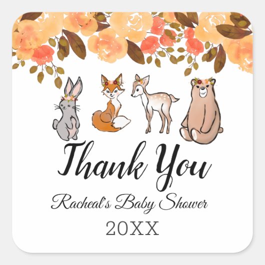 Cute Woodland Animals | Dank u Baby shower Vierkante Sticker (Voorkant)