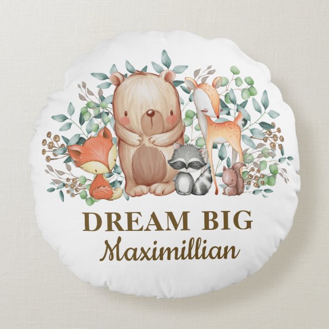 Cute Woodland Animals / Dream Big Baby Nursery Rond Kussen (Voorkant)