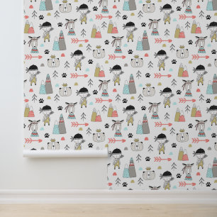 Cute Woodland Animals en Indian Boy Pattern Behang