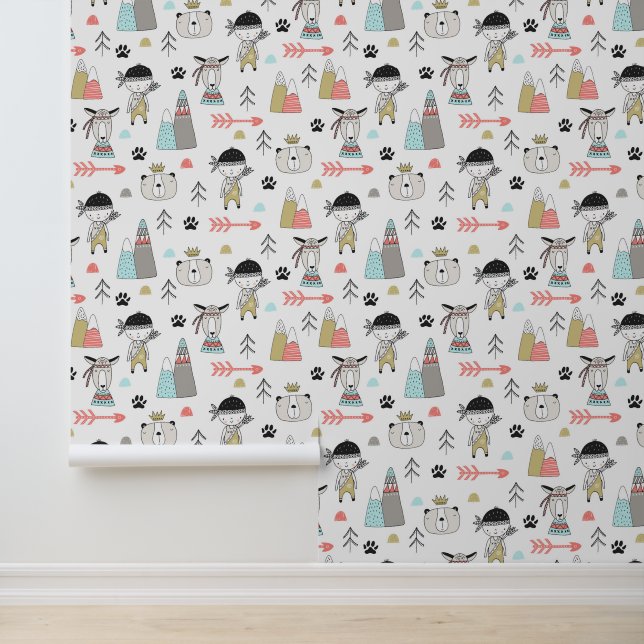 Cute Woodland Animals en Indian Boy Pattern Behang (Applicatie)