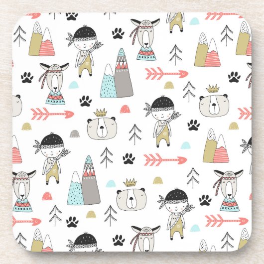 Cute Woodland Animals en Indian Boy Pattern Bier Onderzetter (Voorkant)