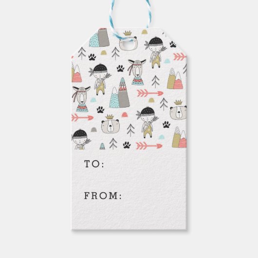 Cute Woodland Animals en Indian Boy Pattern Cadeaulabel (Voorkant)