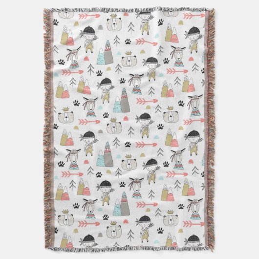Cute Woodland Animals en Indian Boy Pattern Deken (Voorkant Verticaal)
