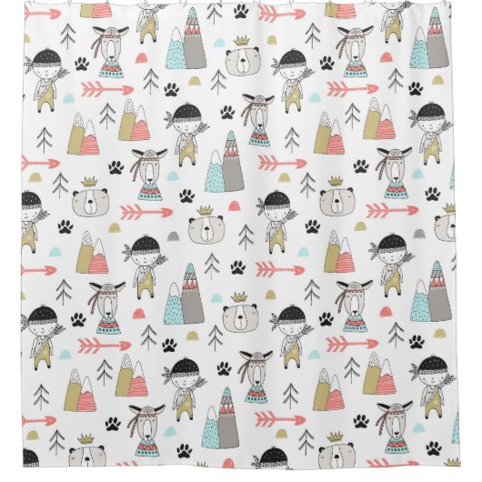 Cute Woodland Animals en Indian Boy Pattern Douchegordijn (Voorkant)