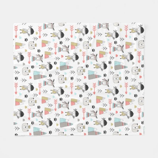 Cute Woodland Animals en Indian Boy Pattern Fleece Deken (Voorkant (Horizontaal))