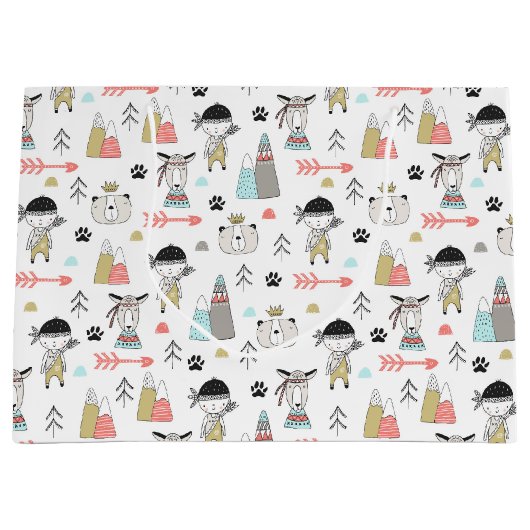 Cute Woodland Animals en Indian Boy Pattern Groot Cadeauzakje (Voorkant)
