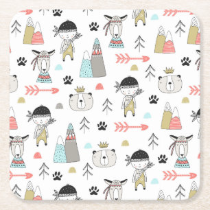 Cute Woodland Animals en Indian Boy Pattern Kartonnen Onderzetters