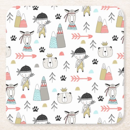 Cute Woodland Animals en Indian Boy Pattern Kartonnen Onderzetters (Voorkant)