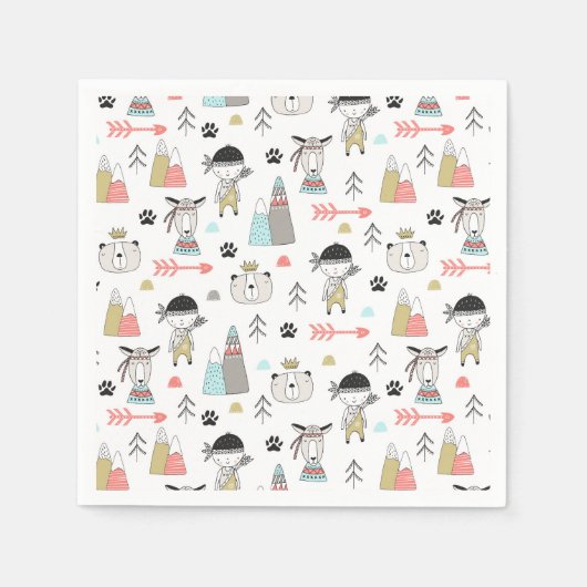 Cute Woodland Animals en Indian Boy Pattern Servet (Voorkant)
