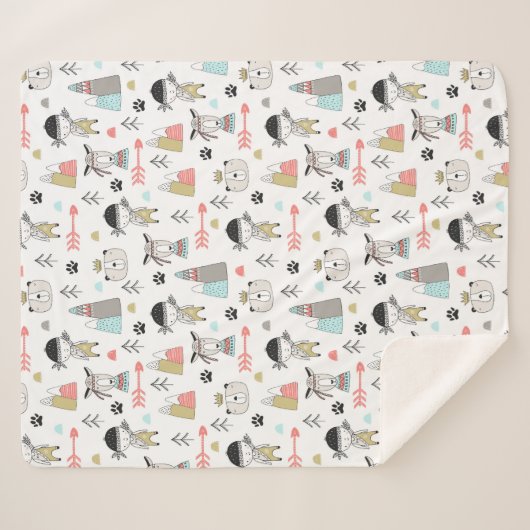 Cute Woodland Animals en Indian Boy Pattern Sherpa Deken (Voorkant (horizontaal))
