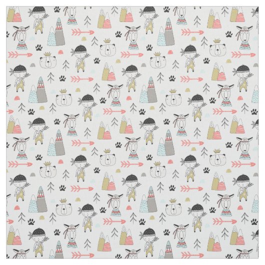 Cute Woodland Animals en Indian Boy Pattern Stof (Swatch)
