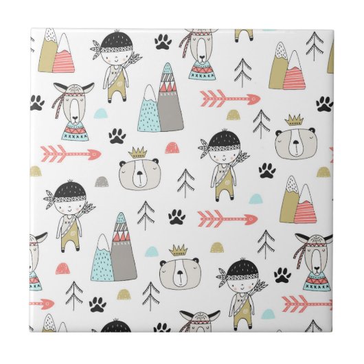 Cute Woodland Animals en Indian Boy Pattern Tegeltje (Voorkant)