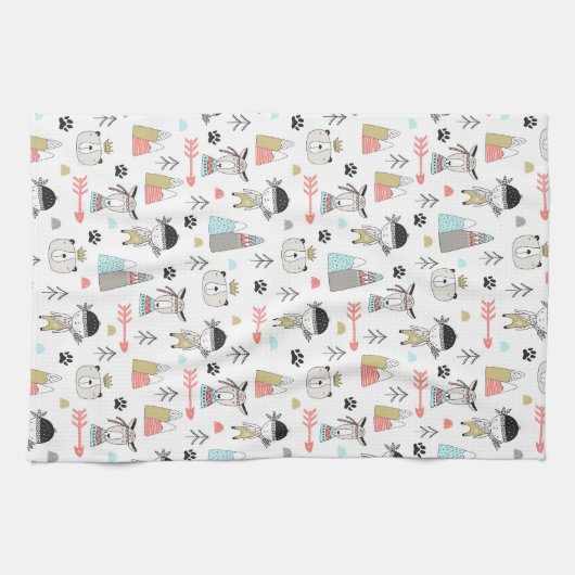 Cute Woodland Animals en Indian Boy Pattern Theedoek (Horizontaal)