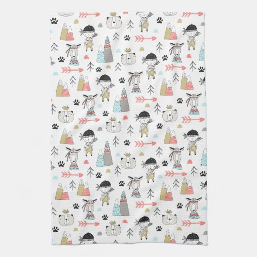 Cute Woodland Animals en Indian Boy Pattern Theedoek (Verticaal)