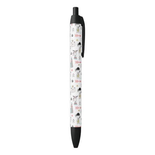 Cute Woodland Animals en Indian Boy Pattern Zwarte Inkt Pen (Achterkant (Verticaal))
