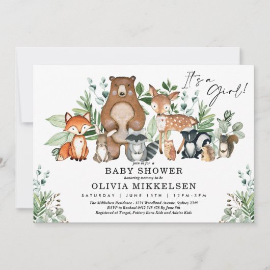 Cute Woodland Animals Forest Girl Baby shower Kaart (Voorkant)