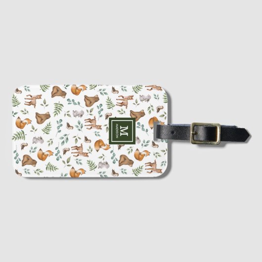 Cute Woodland Animals Forest Greenery Monogram Bagagelabel (Voorkant (horizontaal))