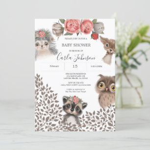 Cute Woodland Animals Girl Baby shower Invitation Kaart