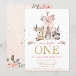 Cute Woodland Animals Girl Wild One Birthday Kaart