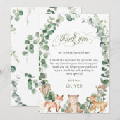 Cute Woodland Animals Greenery 1st Birthday Party  Bedankkaart (Voorkant / Achterkant)