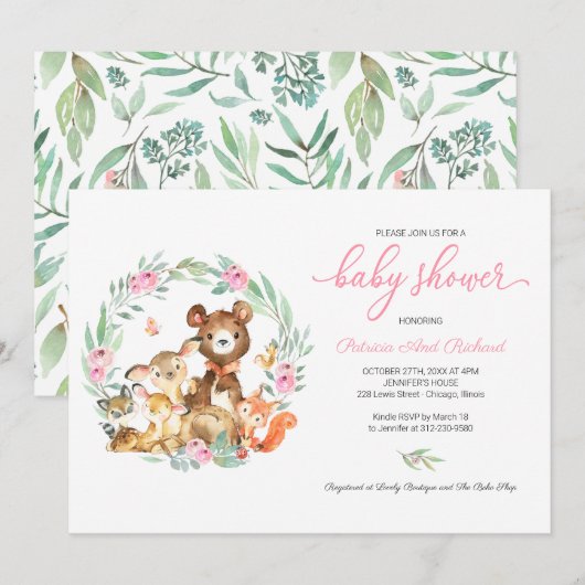 Cute Woodland Animals Greenery Baby shower Invitat Kaart (Voorkant / Achterkant)