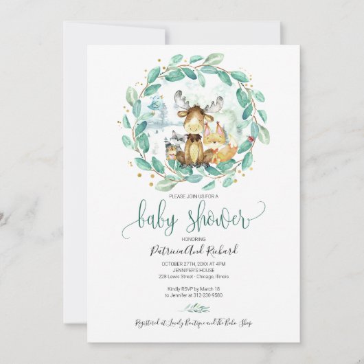 Cute Woodland Animals Greenery Baby shower Kaart (Voorkant)