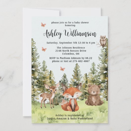 Cute Woodland Animals Greenery Baby shower Kaart (Voorkant)