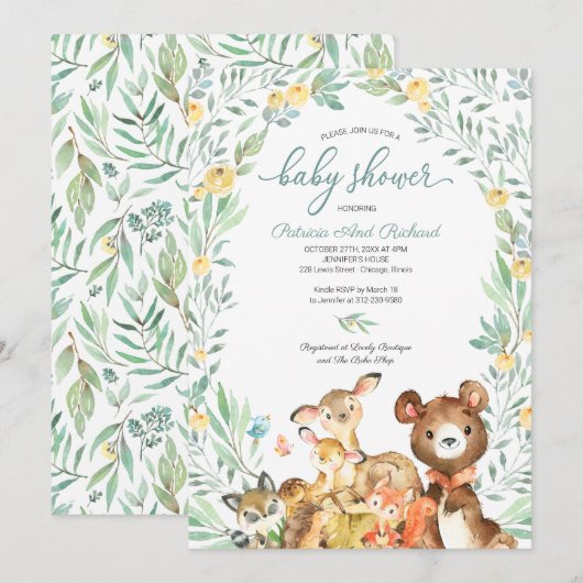 Cute Woodland Animals Greenery Baby shower Kaart (Voorkant / Achterkant)