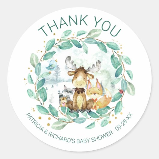 Cute Woodland Animals Greenery Baby shower Ronde Sticker (Voorkant)