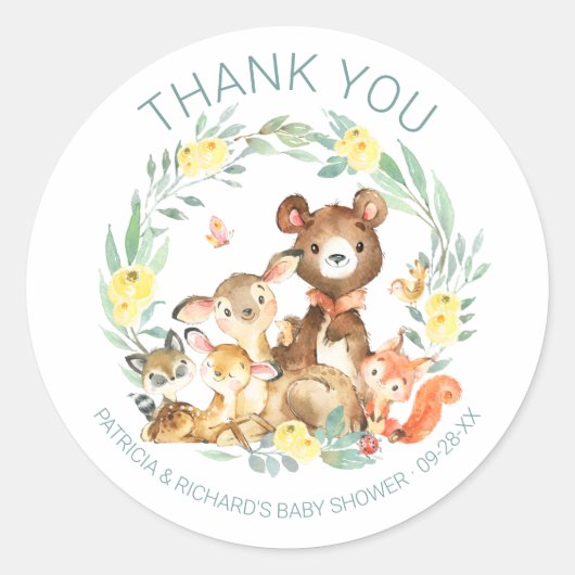 Cute Woodland Animals Greenery Baby shower Ronde Sticker (Voorkant)