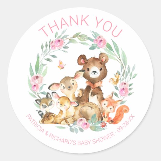 Cute Woodland Animals Greenery Baby shower Ronde Sticker (Voorkant)
