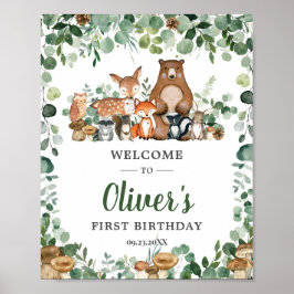 Cute Woodland Animals Greenery Birthday Welcome Poster