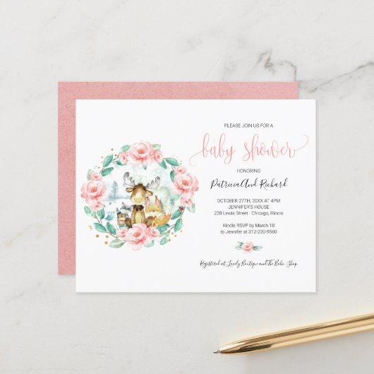 Cute Woodland Animals Greenery Budget Baby shower (Voorkant / Achterkant in situ)