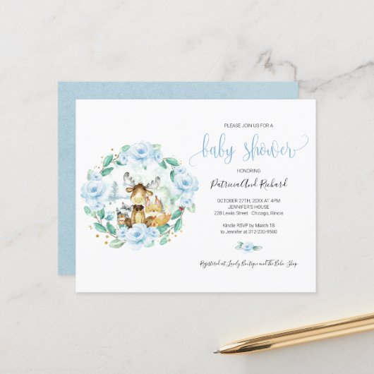 Cute Woodland Animals Greenery Budget Baby shower (Voorkant / Achterkant in situ)