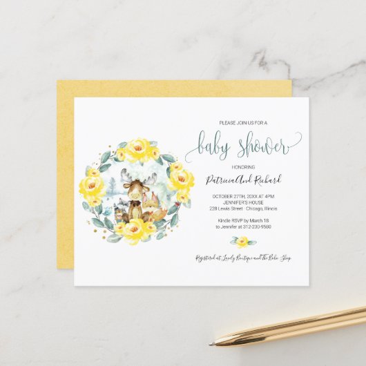 Cute Woodland Animals Greenery Budget Baby shower (Voorkant / Achterkant in situ)