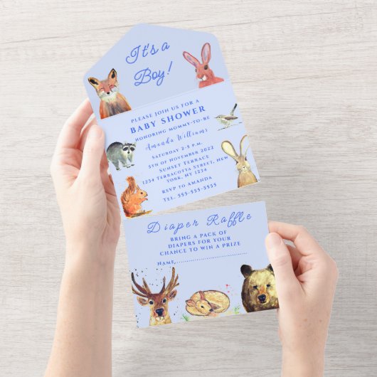 Cute Woodland Animals Het is een Boy Baby shower All In One Uitnodiging (Afscheurbaar)