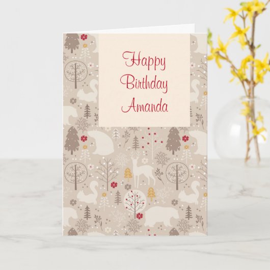 Cute Woodland Animals Nordic Pattern Birthday Kaart (Gele Bloem)