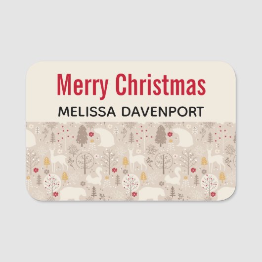 Cute Woodland Animals Nordic Pattern Kerstmis Naamplaatje (Voorkant)
