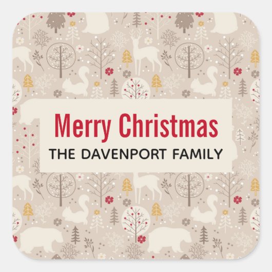 Cute Woodland Animals Nordic Pattern Kerstmis Vierkante Sticker (Voorkant)