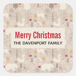 Cute Woodland Animals Nordic Pattern Kerstmis Vierkante Sticker