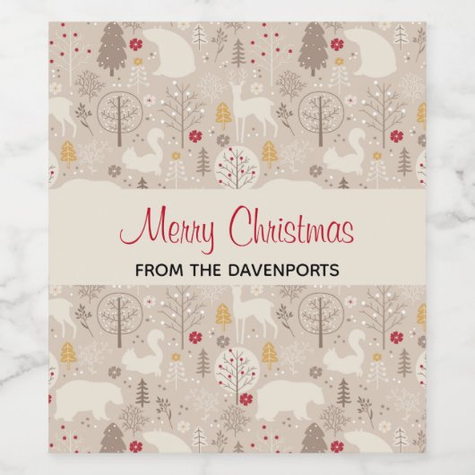 Cute Woodland Animals Nordic Pattern Kerstmis Wijn Etiket (Enkel label)