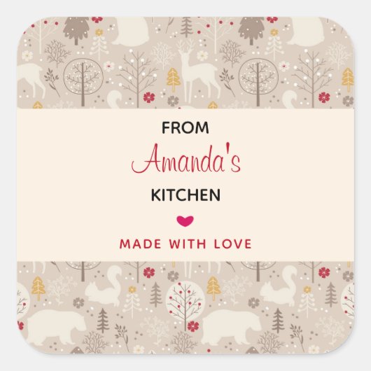 Cute Woodland Animals Nordic Pattern Kitchen Vierkante Sticker (Voorkant)