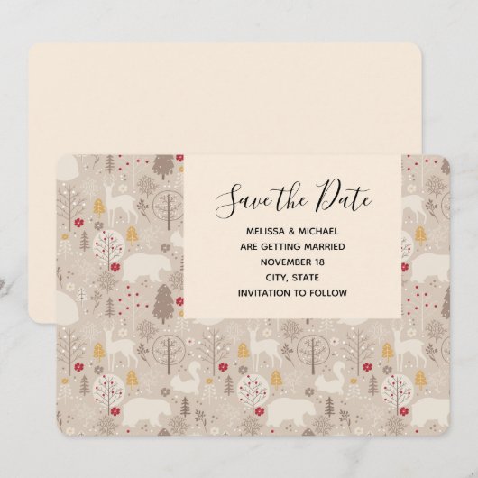 Cute Woodland Animals Nordic Pattern Weddenschap Save The Date (Voorkant / Achterkant)