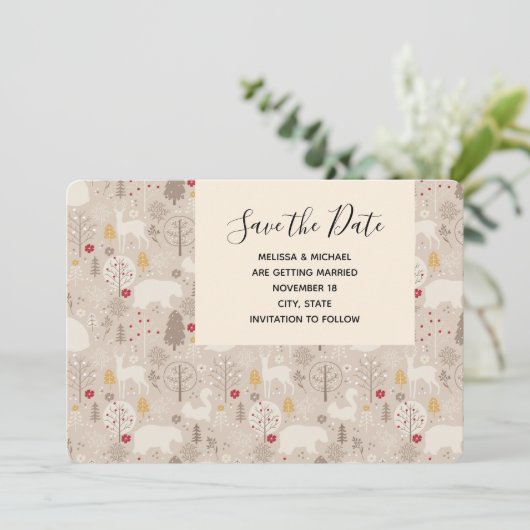 Cute Woodland Animals Nordic Pattern Weddenschap Save The Date (Staand voorkant)